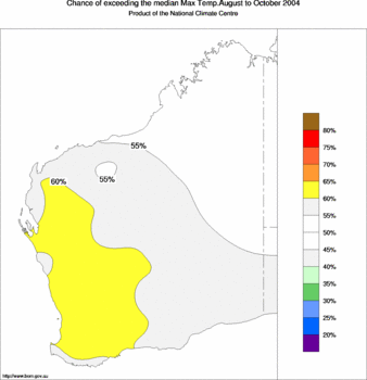 probability of exceeding median maximum temperature - click on the image for a larger version of the map