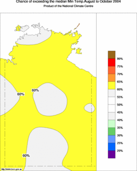 probability of exceeding median minimum temperature - click on the image for a larger version of the map
