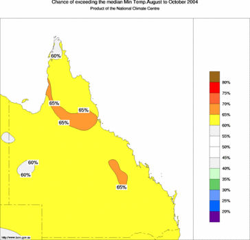 probability of exceeding median minimum temperature - click on the image for a larger version of the map