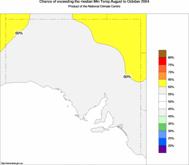 probability of exceeding median minimum temperature - click on the image for a larger version of the map
