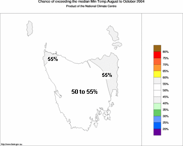 probability of exceeding median minimum temperature - click on the image for a larger version of the map