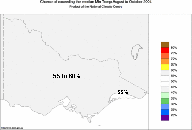 probability of exceeding median minimum temperature - click on the image for a larger version of the map
