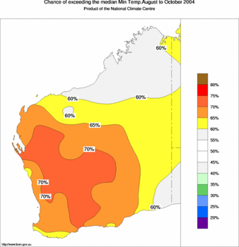 probability of exceeding median minimum temperature - click on the image for a larger version of the map