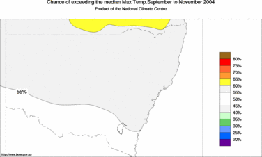 probability of exceeding median maximum temperature - click on the image for a larger version of the map