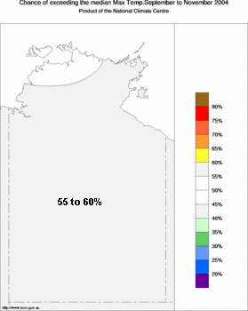 probability of exceeding median maximum temperature - click on the image for a larger version of the map