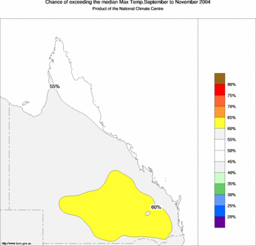 probability of exceeding median maximum temperature - click on the image for a larger version of the map