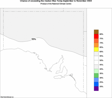 probability of exceeding median maximum temperature - click on the image for a larger version of the map