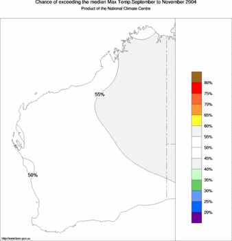 probability of exceeding median maximum temperature - click on the image for a larger version of the map