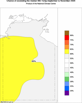 probability of exceeding median minimum temperature - click on the image for a larger version of the map