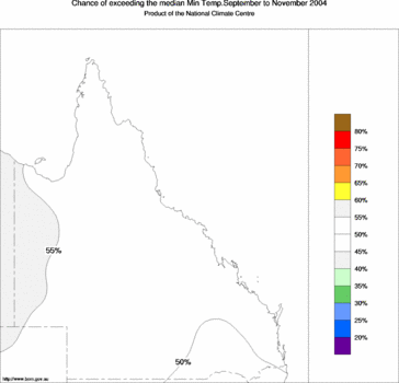 probability of exceeding median minimum temperature - click on the image for a larger version of the map