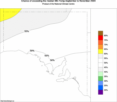probability of exceeding median minimum temperature - click on the image for a larger version of the map