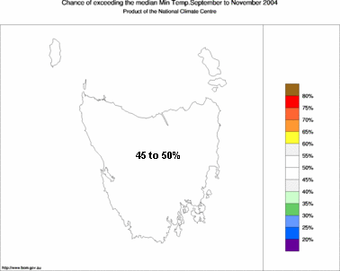 probability of exceeding median minimum temperature - click on the image for a larger version of the map