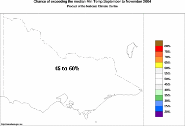 probability of exceeding median minimum temperature - click on the image for a larger version of the map