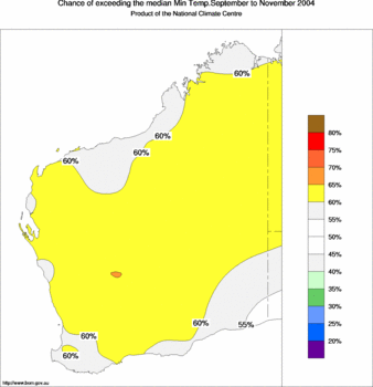 probability of exceeding median minimum temperature - click on the image for a larger version of the map