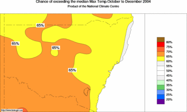 probability of exceeding median maximum temperature - click on the image for a larger version of the map