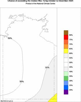 probability of exceeding median maximum temperature - click on the image for a larger version of the map