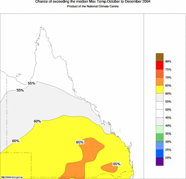 probability of exceeding median maximum temperature - click on the image for a larger version of the map