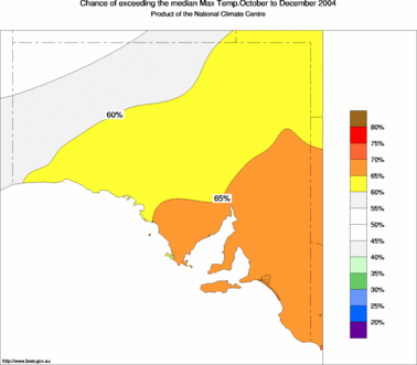 probability of exceeding median maximum temperature - click on the image for a larger version of the map