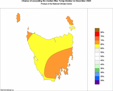 probability of exceeding median maximum temperature - click on the image for a larger version of the map