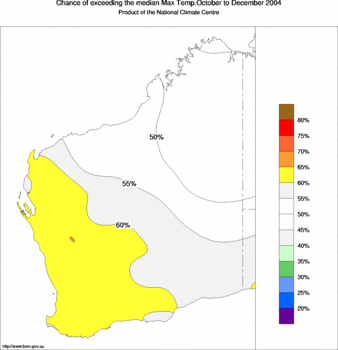 probability of exceeding median maximum temperature - click on the image for a larger version of the map