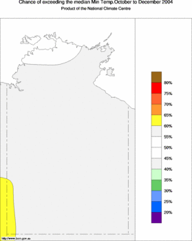 probability of exceeding median minimum temperature - click on the image for a larger version of the map