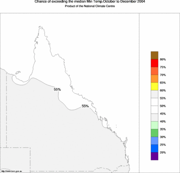 probability of exceeding median minimum temperature - click on the image for a larger version of the map