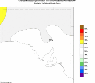 probability of exceeding median minimum temperature - click on the image for a larger version of the map