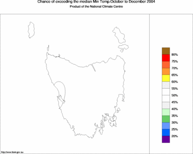probability of exceeding median minimum temperature - click on the image for a larger version of the map