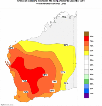 probability of exceeding median minimum temperature - click on the image for a larger version of the map