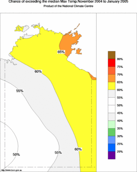probability of exceeding median maximum temperature - click on the image for a larger version of the map