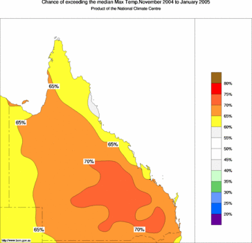 probability of exceeding median maximum temperature - click on the image for a larger version of the map