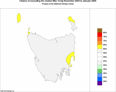probability of exceeding median maximum temperature - click on the image for a larger version of the map