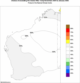 probability of exceeding median maximum temperature - click on the image for a larger version of the map