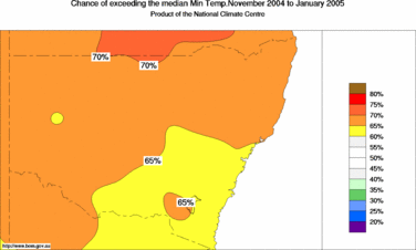 probability of exceeding median minimum temperature - click on the image for a larger version of the map