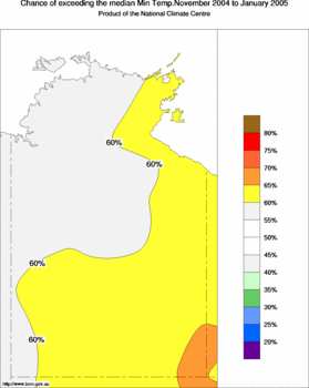 probability of exceeding median minimum temperature - click on the image for a larger version of the map