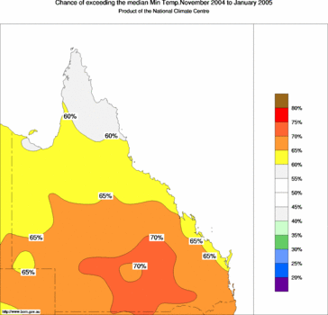 probability of exceeding median minimum temperature - click on the image for a larger version of the map