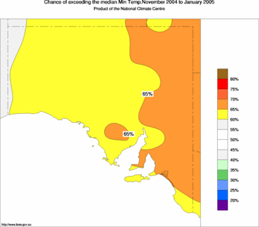 probability of exceeding median minimum temperature - click on the image for a larger version of the map