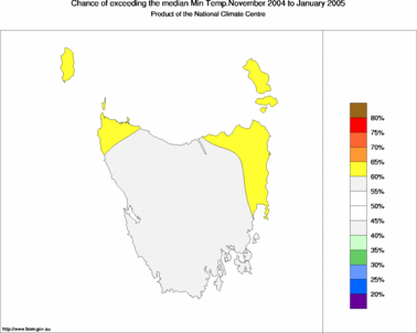 probability of exceeding median minimum temperature - click on the image for a larger version of the map