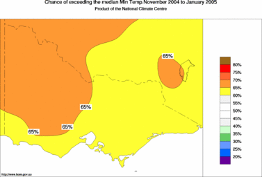 probability of exceeding median minimum temperature - click on the image for a larger version of the map