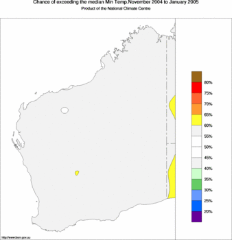 probability of exceeding median minimum temperature - click on the image for a larger version of the map