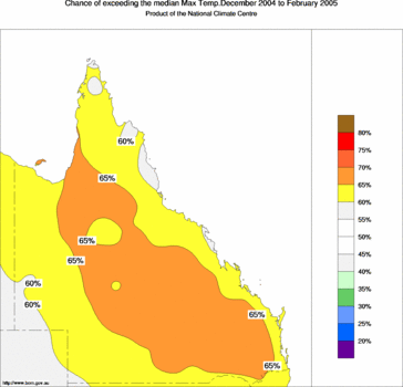 probability of exceeding median maximum temperature - click on the image for a larger version of the map