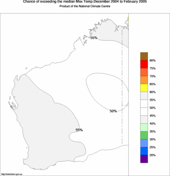 probability of exceeding median maximum temperature - click on the image for a larger version of the map