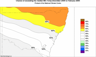 probability of exceeding median minimum temperature - click on the image for a larger version of the map