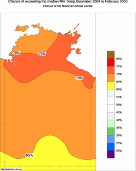 probability of exceeding median minimum temperature - click on the image for a larger version of the map