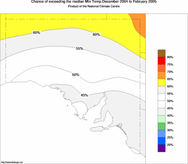 probability of exceeding median minimum temperature - click on the image for a larger version of the map