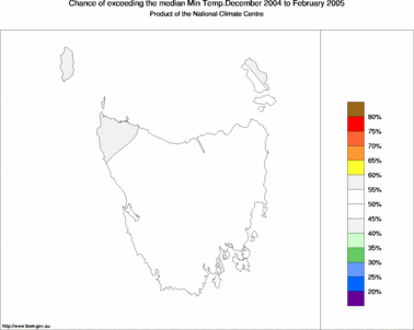 probability of exceeding median minimum temperature - click on the image for a larger version of the map