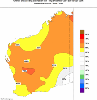 probability of exceeding median minimum temperature - click on the image for a larger version of the map