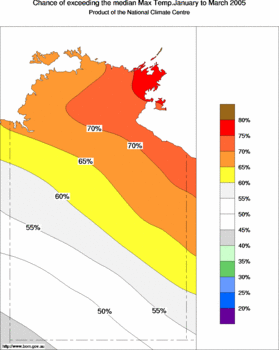probability of exceeding median maximum temperature - click on the image for a larger version of the map