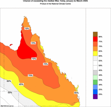 probability of exceeding median maximum temperature - click on the image for a larger version of the map