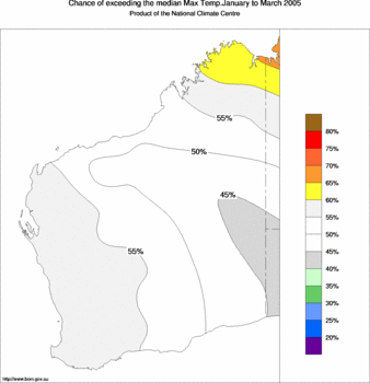 probability of exceeding median maximum temperature - click on the image for a larger version of the map